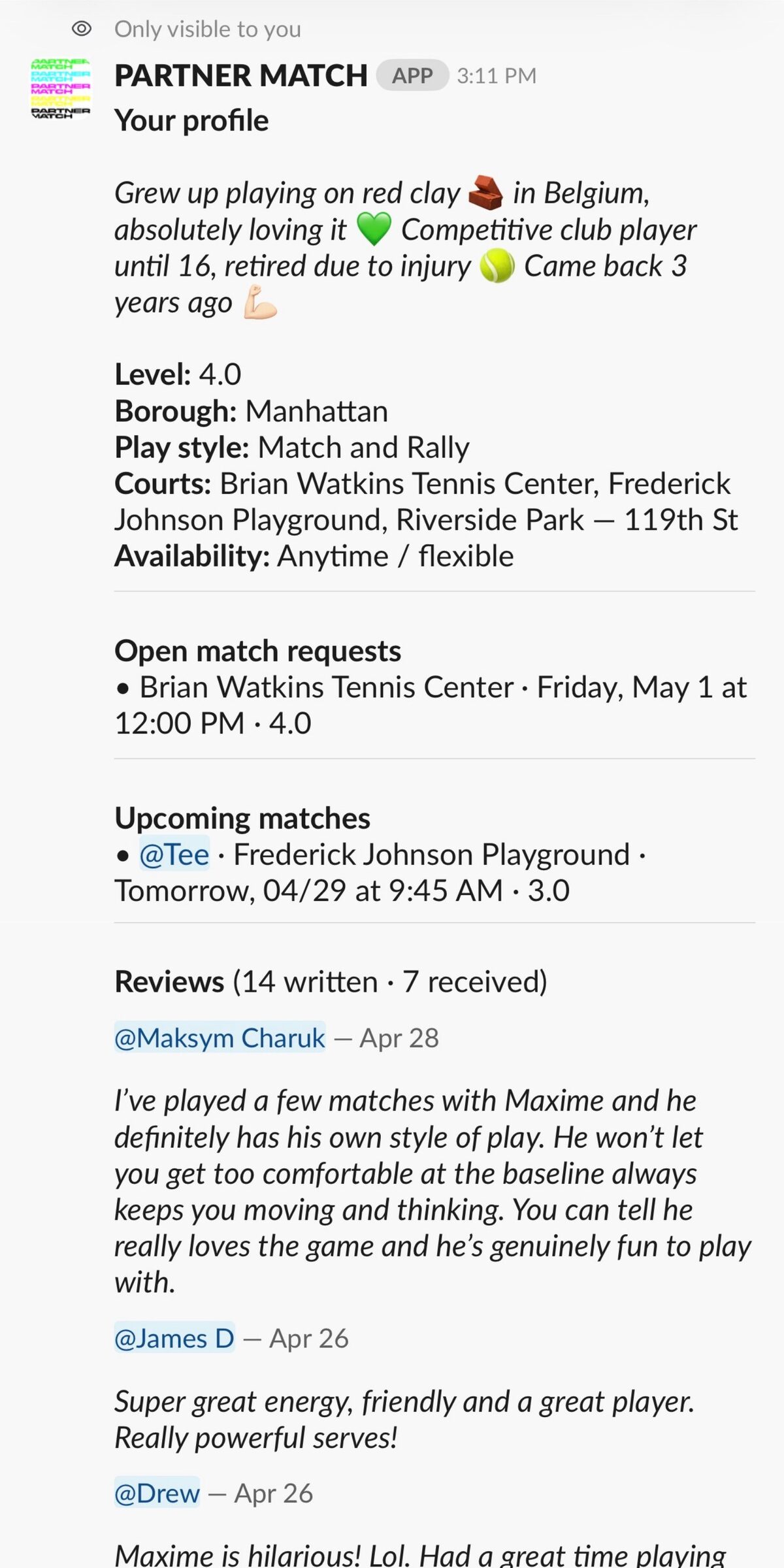 Profile dashboard showing bio, level, courts, open matches, upcoming matches, and reviews